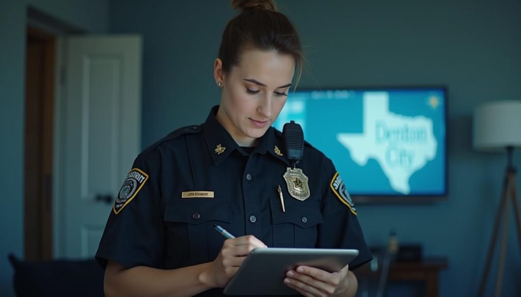 Female security guard taking online training course in Denton, Texas
