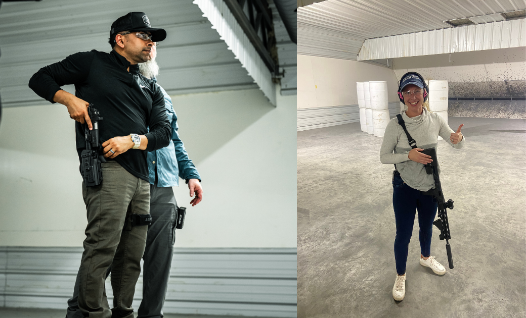 Two images side by side: on the left, a man holding a firearm while being instructed, and on the right, a woman posing with a firearm and smiling in an indoor shooting range.