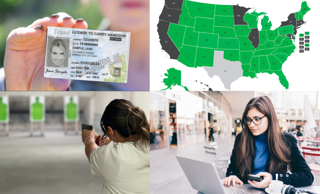 A collage featuring a person holding a handgun license, a map of the U.S. showing states with firearm regulations, an individual practicing shooting at targets, and a young woman using a laptop in a café setting.