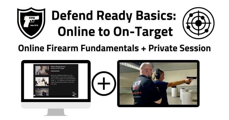 Promotional graphic for a firearm training program titled 'Defend Ready Basics: Online to On-Target.' It features a computer screen displaying a training video and an image of an instructor teaching a student to shoot in a range setting.