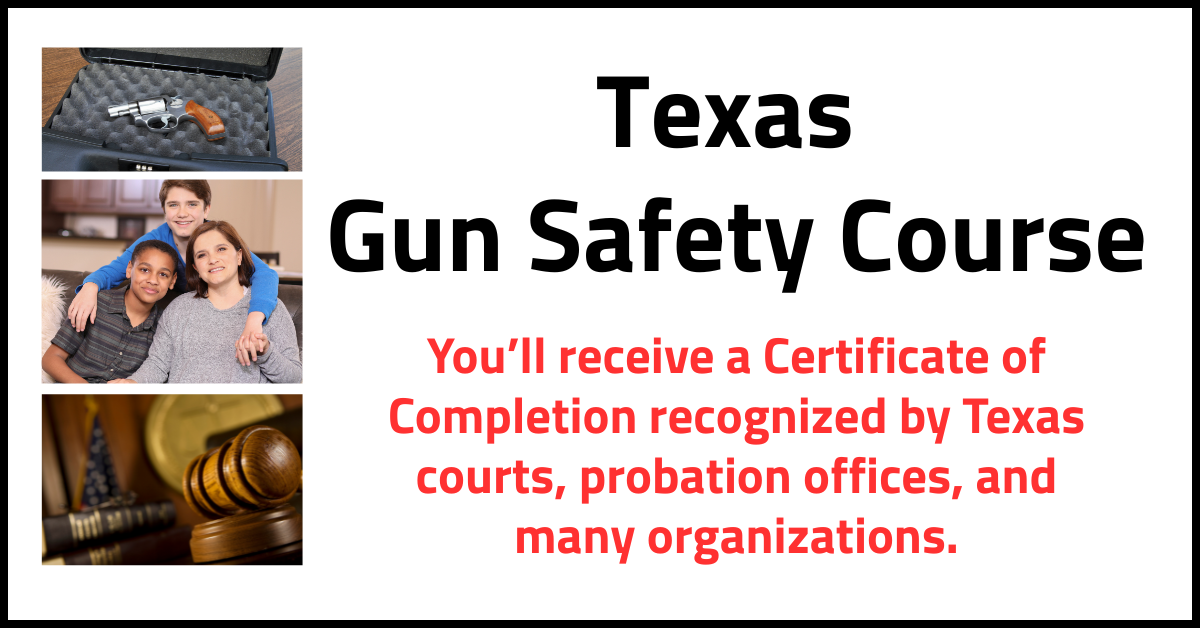 Promotional image for a Texas Gun Safety Course, featuring a firearm case, a group of women studying, and a gavel. Text highlights the certificate of completion recognized by Texas courts and organizations.