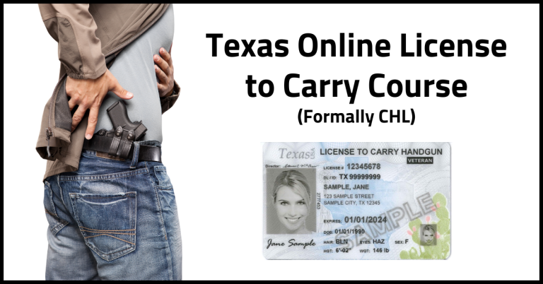 A person wearing a gray shirt and blue jeans is reaching for a handgun tucked in their waistband. Next to them, there's an image of a Texas handgun license with placeholder information, and text stating "Texas Online License to Carry Course (Formally CHL)."