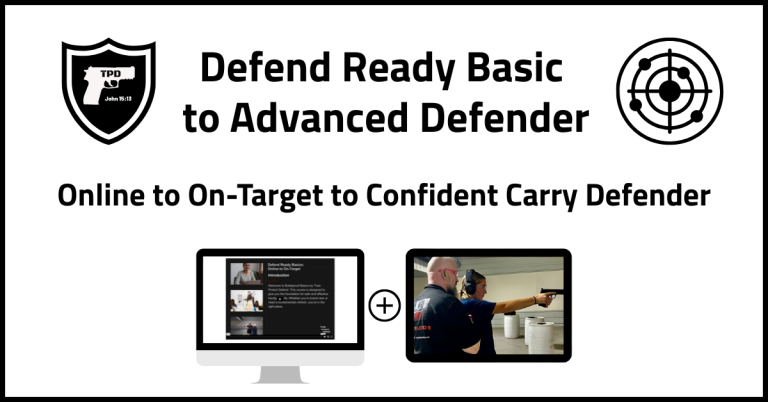 Graphic promoting a series of self-defense training classes. Features a computer screen displaying a class, and an instructor showing shooting techniques to a student. Text highlights progression from basic to advanced levels.
