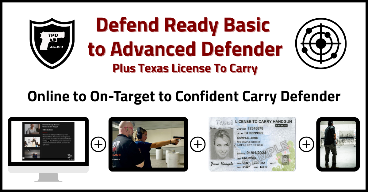 A promotional graphic for a firearms training program titled "Defend Ready Basic to Advanced Defender". It includes images of a computer screen, a training session, and a Texas License to Carry, emphasizing online and practical training.
