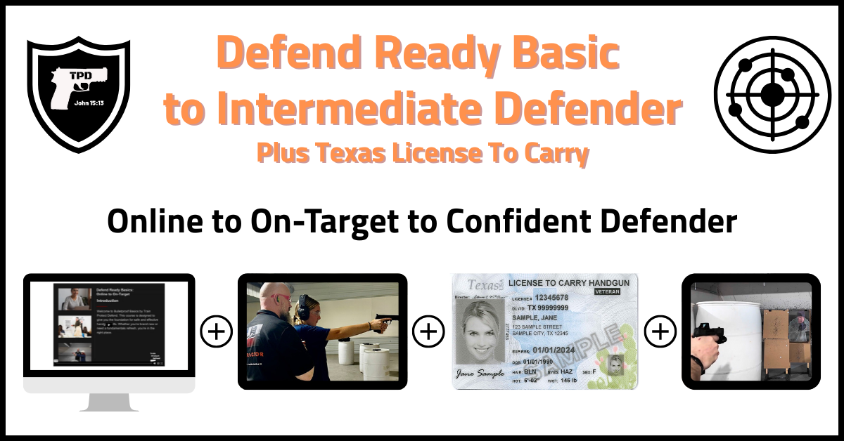 Promotional image highlighting the 'Defend Ready Basic to Intermediate Defender' program. It features a shield icon, a computer, a training session, a Texas License to Carry, and a target symbol with a tagline about the program's progression.