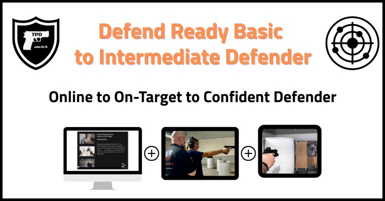 Promotional image for a self-defense program, featuring the title 'Defend Ready Basic to Intermediate Defender.' It includes three images: a computer screen displaying online content, an instructor demonstrating techniques, and a shooting range setup.