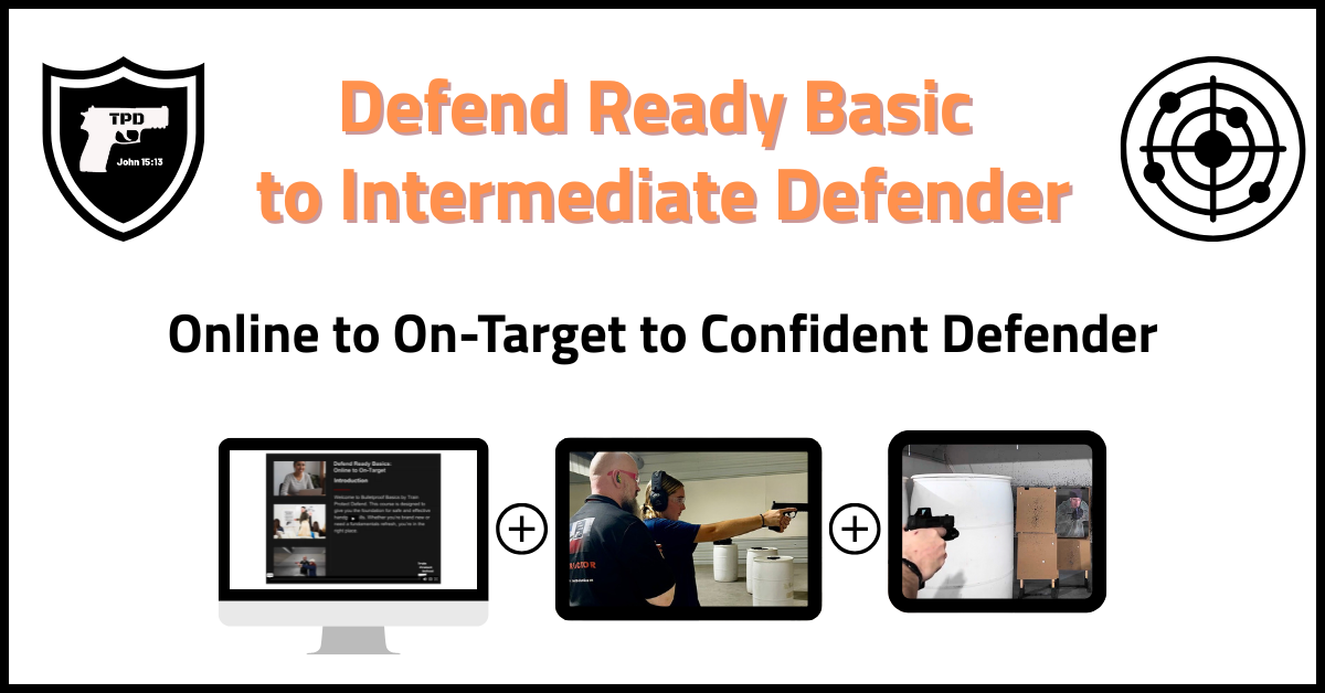Promotional image for a self-defense program, featuring the title 'Defend Ready Basic to Intermediate Defender.' It includes three images: a computer screen displaying online content, an instructor demonstrating techniques, and a shooting range setup.