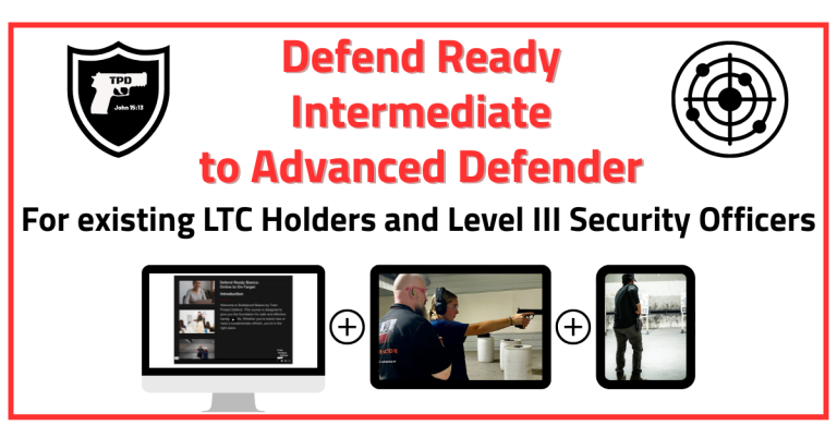 Graphic promoting a training program titled 'Defend Ready Intermediate to Advanced Defender' for existing LTC holders and Level III security officers. It features icons of a computer, a person aiming, and a security officer.