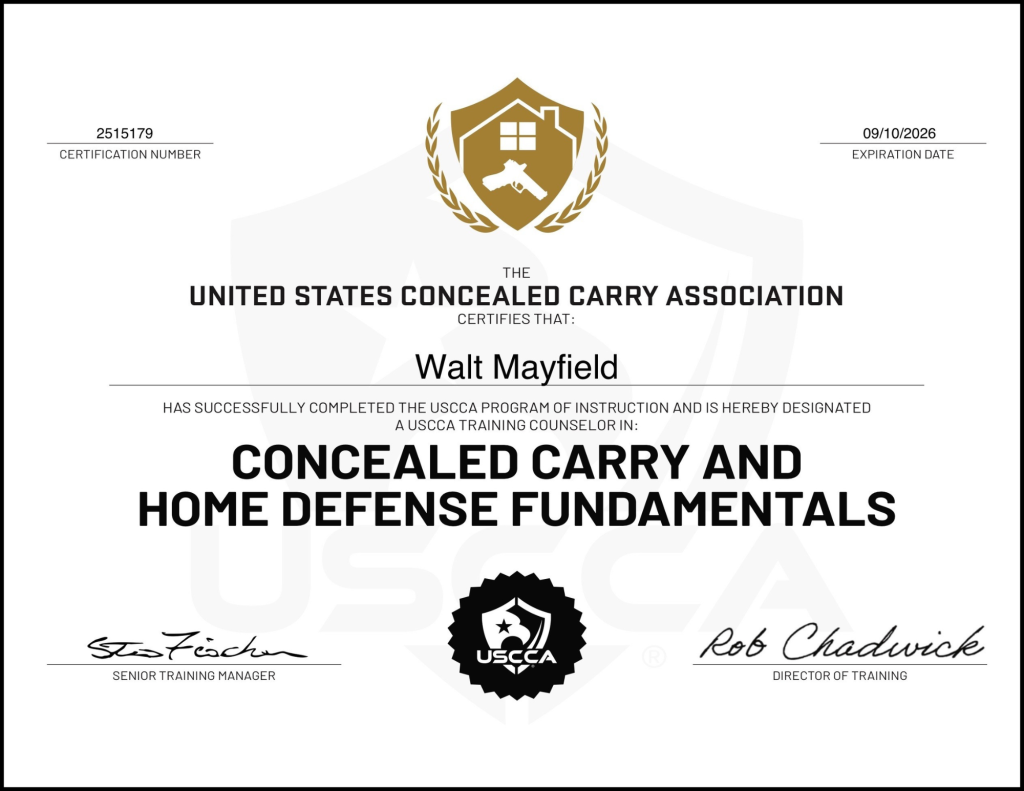 A certification document from the United States Concealed Carry Association, displaying the recipient's name, Walt Mayfield, and indicating completion of training in Concealed Carry and Home Defense Fundamentals.