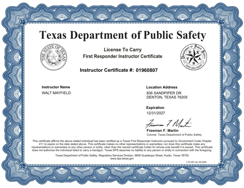 A certificate from the Texas Department of Public Safety indicating an instructor's license for First Responder certification. Features include the state seal, instructor name, address, certificate number, and expiration date.