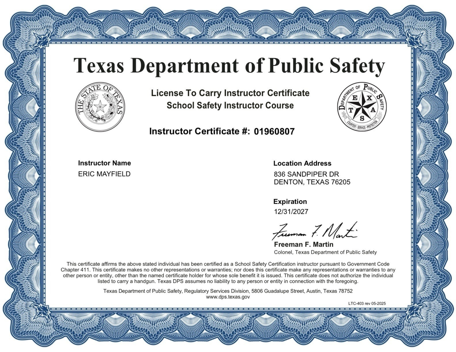 A Texas Department of Public Safety License To Carry Instructor Certificate with a blue decorative border. Details include the instructor's name, certificate number, address, and an expiration date of 12/31/2027.