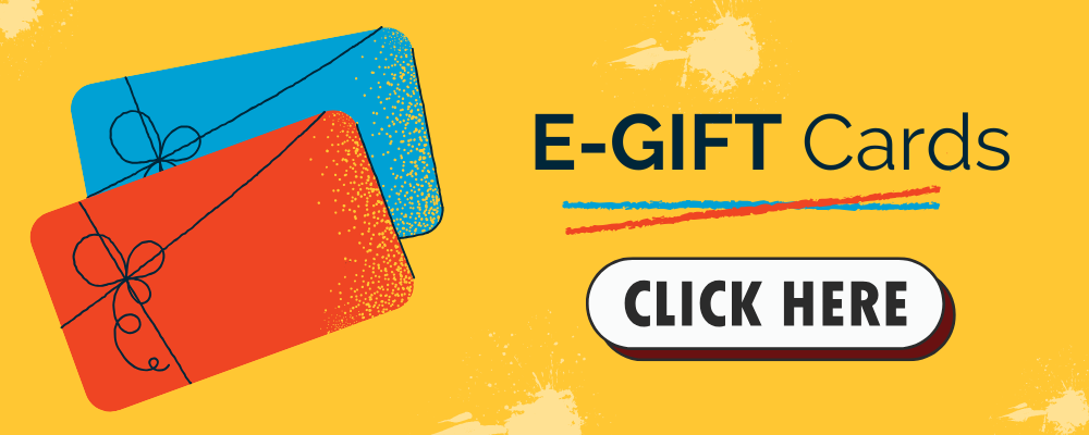 Two colorful e-gift cards, one blue and one red, against a yellow background. The text reads 'E-GIFT Cards' with a colorful underline. Below, there is a button that says 'CLICK HERE'.