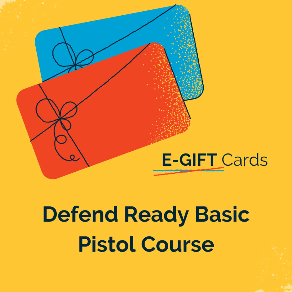 The E-GIFT Cards for the Defend Ready Basic Pistol Course, featuring a blue and red color scheme with simple ribbon designs, suitable for gifting, with the course name prominently displayed.