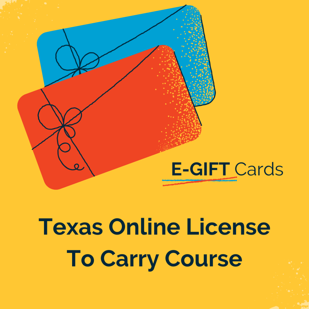 The Texas License to Carry Online Course Gift Card featuring a blue and red design with a bow illustration, labeled as "E-GIFT Cards" and including the course name in bold black text.