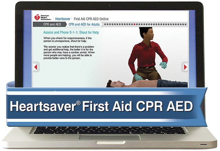 A laptop displaying the American Heart Association's First Aid CPR AED online course, featuring instructions for assessing a person's responsiveness, with a man in red demonstrating CPR on a simulated patient.