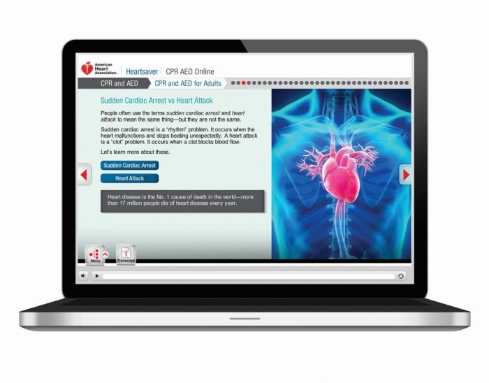 A laptop displaying a CPR and AED online course by the American Heart Association, featuring a graphic of a heart and text about sudden cardiac arrest and heart attack.