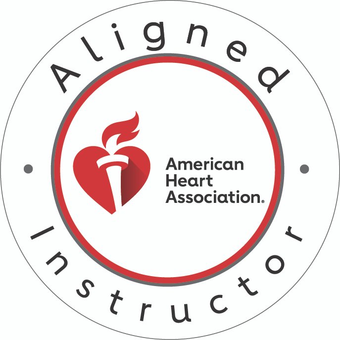 A circular logo featuring a heart symbol with a lit torch, labeled 'Aligned Instructor' at the top and 'American Heart Association.' at the bottom.