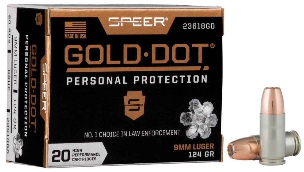 A box of Speer Gold Dot Personal Protection ammunition, containing 20 high-performance cartridges. The box features a black and gold design with the text '9mm Luger 124 GR' and a single cartridge displayed beside it.