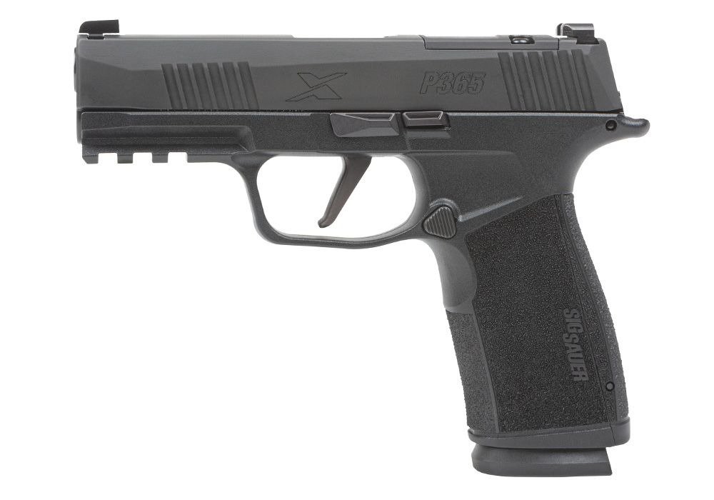 A black semi-automatic pistol with a textured grip and slide markings, displayed on a white background.