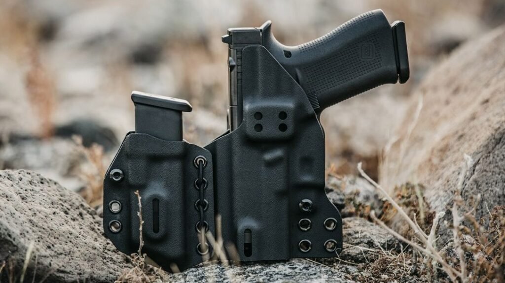 A black handgun in a holster, resting on rocky terrain surrounded by sparse grass. The handgun is partially drawn from the holster, demonstrating its fit.