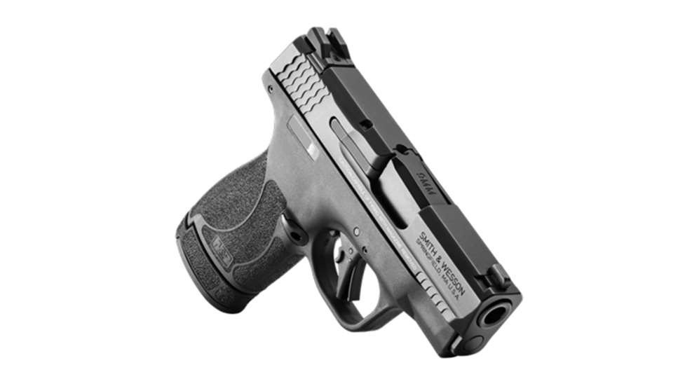 A black semi-automatic handgun displayed at an angle, highlighting its grip and slide design.