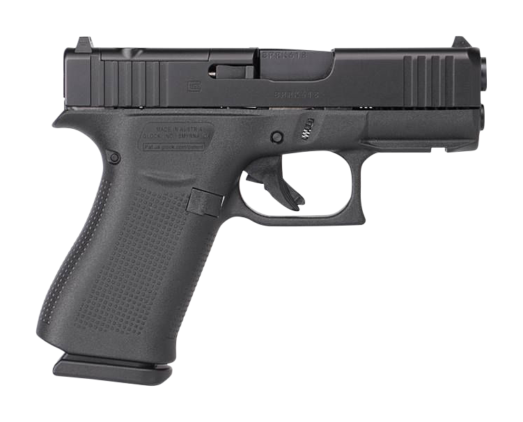 A black semi-automatic pistol viewed from the side, featuring textured grip and a standard trigger. The slide is partially open, revealing the gun's chamber.