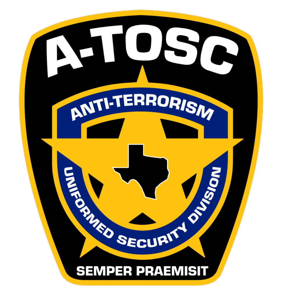 Logo of the A-TOSC (Anti-Terrorism Uniformed Security Division) featuring a blue and gold star on a black background. It includes the text "ANTI-TERRORISM" and the phrase "SEMPER PRAEMISIT" at the bottom.