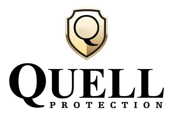 Logo for Quell Protection, featuring a stylized letter 'Q' within a shield shape above the word 'QUELL' in bold black font, and 'PROTECTION' in smaller black font beneath it, on a white background.