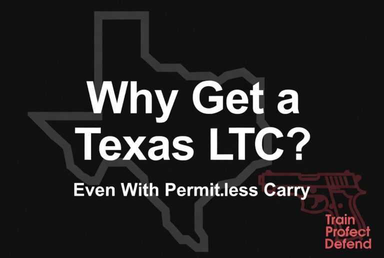 Text overlay on a black background featuring the outline of Texas. The main text reads, 'Why Get a Texas LTC?' with a subheading saying, 'Even With Permitless Carry.' A graphic of a handgun is noted on the right side, with the phrase 'Train Protect Defend' in red.