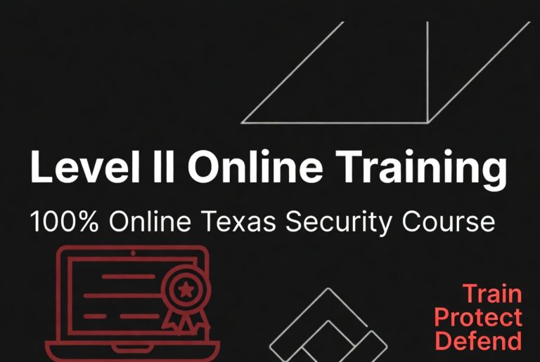 A promotional graphic for "Level II Online Training", featuring the text "100% Online Texas Security Course" on a black background. The image includes icons of a laptop and geometric shapes, with the phrase "Train Protect Defend" in red.