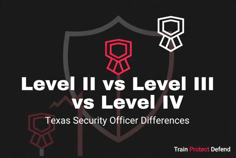 A graphic comparing Texas Security Officer levels, featuring three shield icons labeled 'Level II,' 'Level III,' and 'Level IV.' Each level is represented with distinct colors and styles, with the title 'Texas Security Officer Differences' displayed prominently.