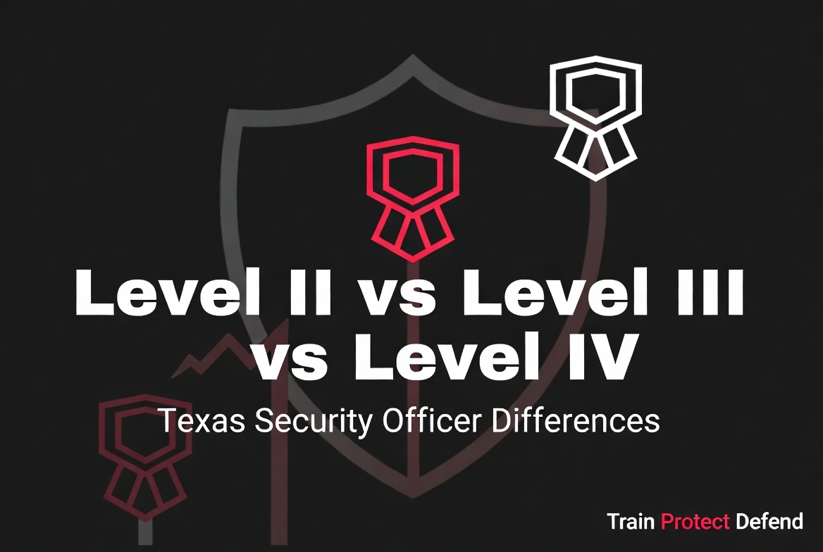 A graphic comparing Texas Security Officer levels, featuring three shield icons labeled 'Level II,' 'Level III,' and 'Level IV.' Each level is represented with distinct colors and styles, with the title 'Texas Security Officer Differences' displayed prominently.