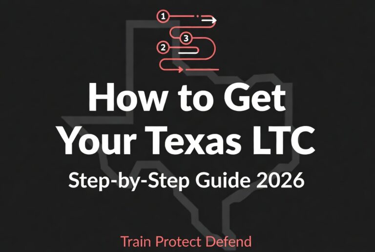 A graphic titled 'How to Get Your Texas LTC' features a simple outline of Texas with a red and white stepped path and three numbered markers. Below, a subtitle reads 'Step-by-Step Guide 2026' and the tagline 'Train Protect Defend' is at the bottom.