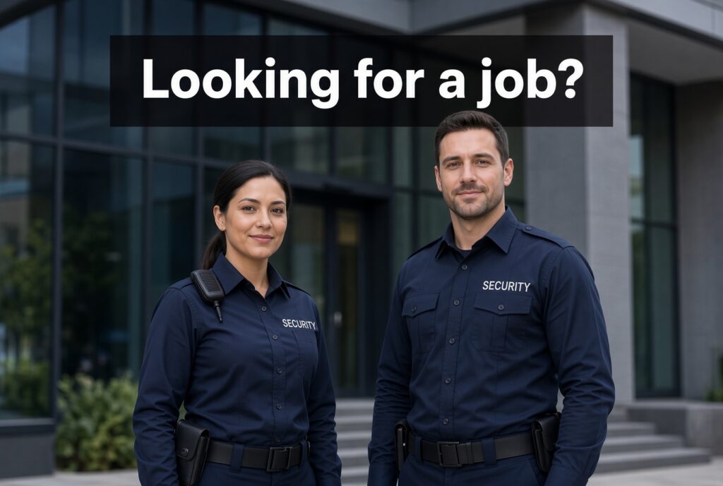 A woman and a man in navy security uniforms stand outside a modern office building, with the text 'Looking for a job?' above them.