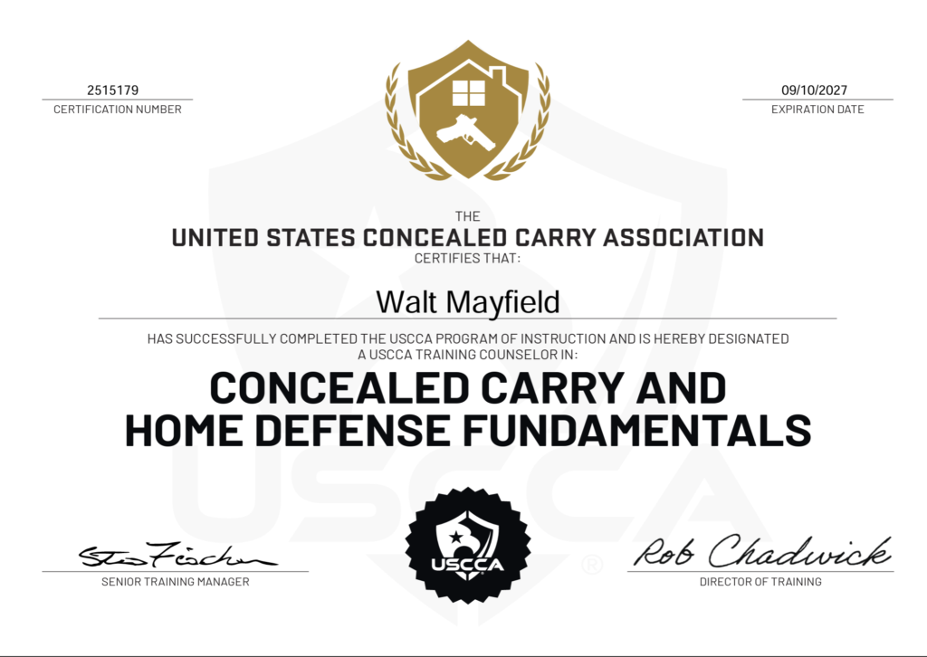 A concealed carry and home defense fundamentals certificate from the United States Concealed Carry Association, with certification number, expiration date, and signatures on a white background.